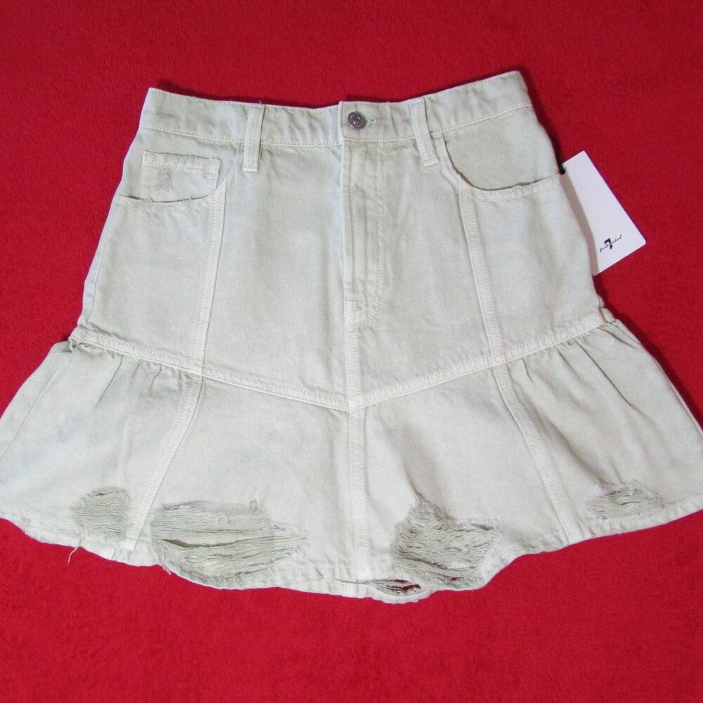 7 for all Mankind x Cara Delevingne Denim Distressed Mini Skirt - Soft Olive - Picture 2 of 8